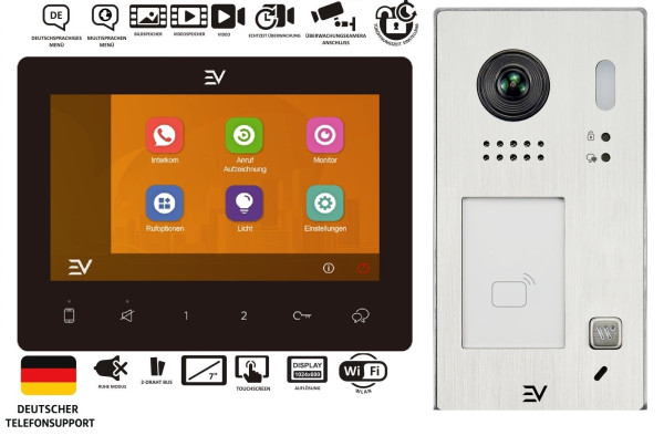 EV Türsprechanlage Komplettset mit EV622-S1 Aufputz-Außenstation, 1–4 EV-7G-WS WLAN-Touchmonitoren in Weiß und PC9 Hutschienen-Trafo zur Stromversorgung.